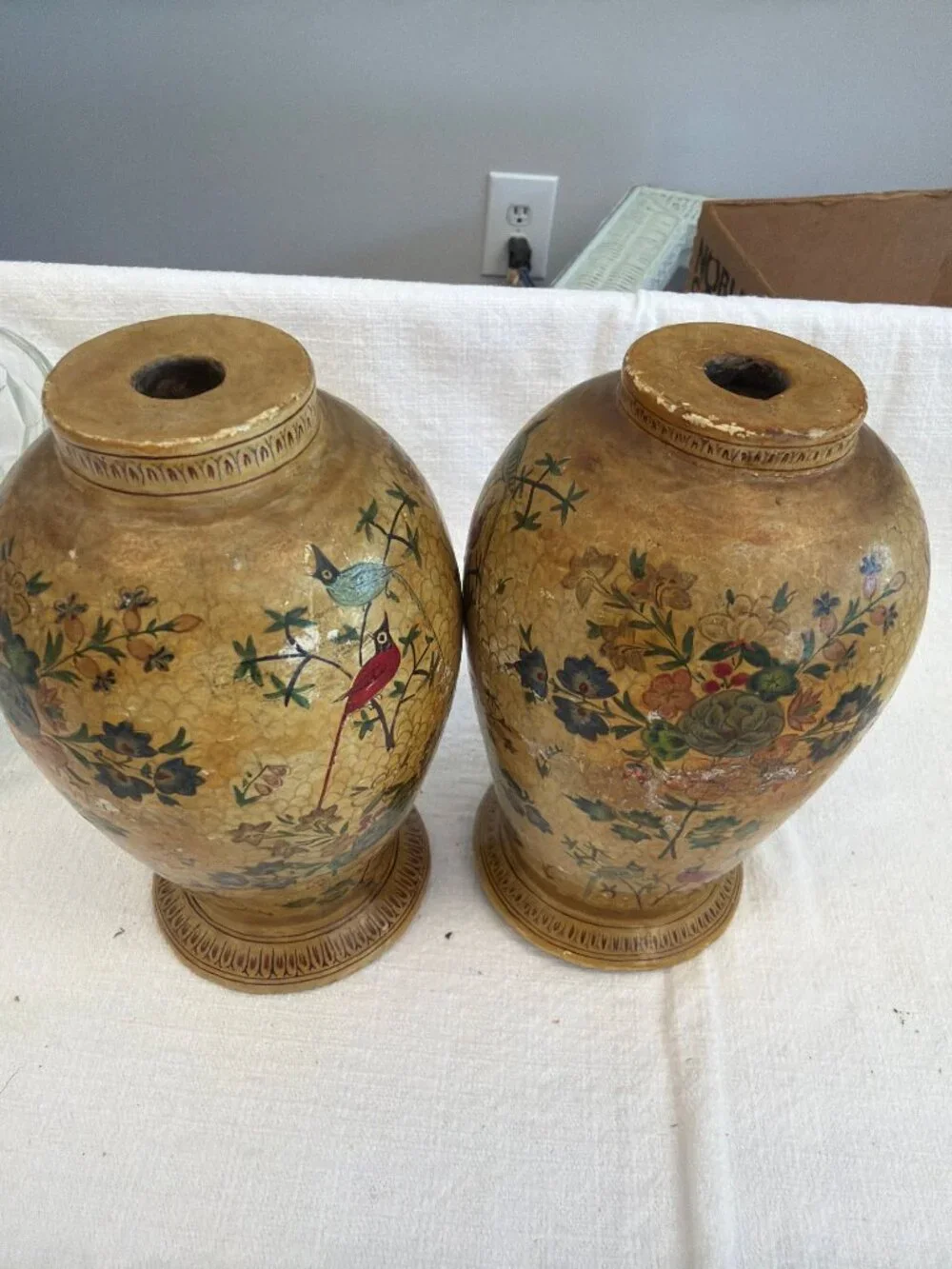 MK- Pair Ceramic Vase Hand-Painted Bird Design Floral Pattern